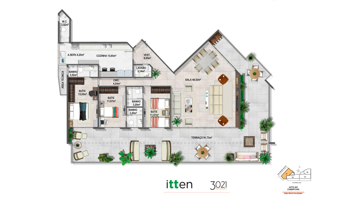 Planta Apto Cobertura 301 - 245,59m²