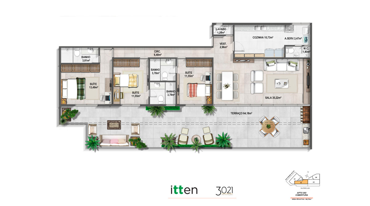 Planta Apto Cobertura 302 - 180,79m²