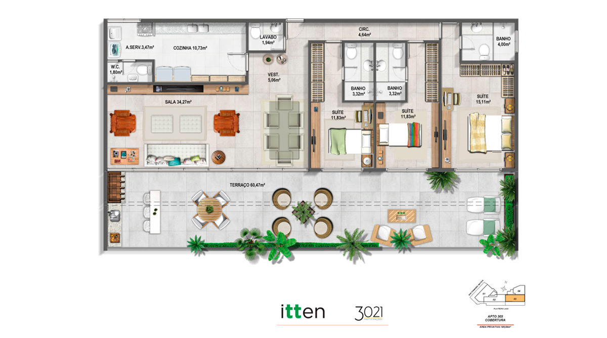 Planta Apto Cobertura 303 - 186,65m²