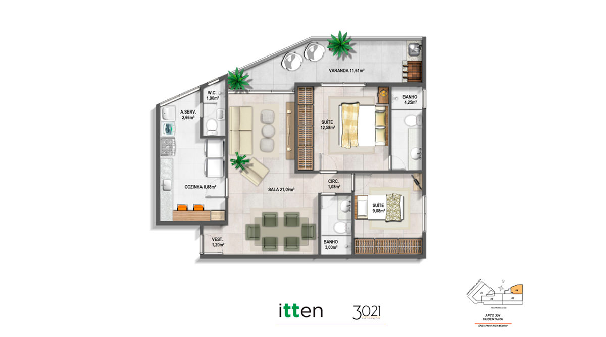 Planta Apto Cobertura 304 - 85,80m²