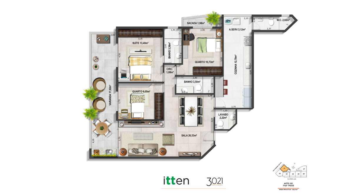 Planta Apto Tipo – coluna 01 - 120,01m²