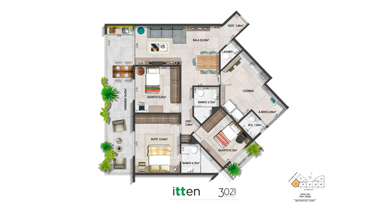 Planta Apto Tipo – coluna 02 - 118,99m²