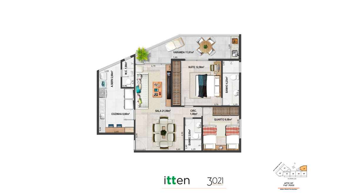 Planta Apto Tipo – coluna 07 - 84,53m²