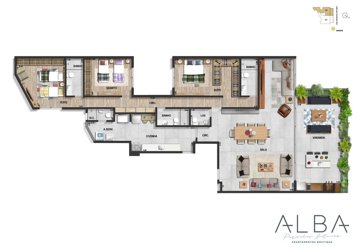 Apto. 102/202 - 3 quartos - 179,28m2 - opção sala ampliada