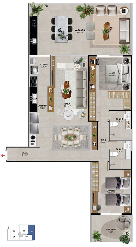 Aptos. 104 e 204 - 119,93 m²