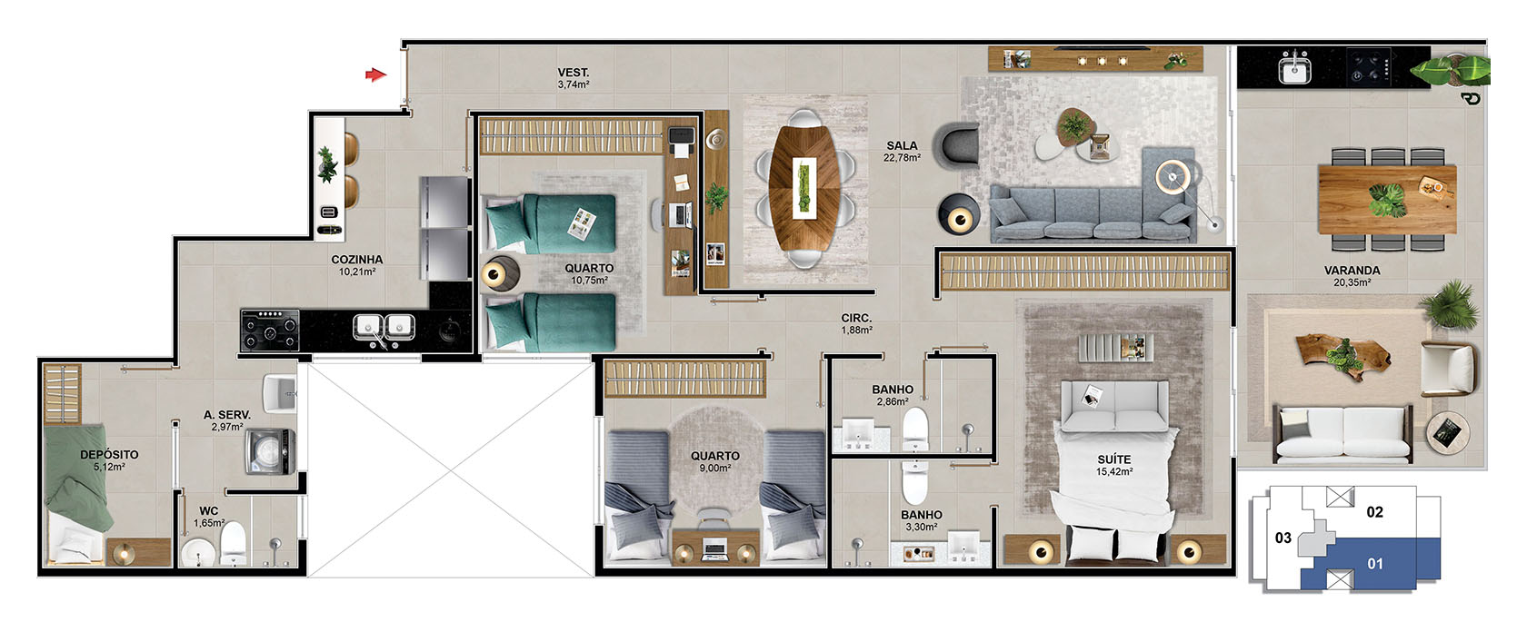 Aptos. 101 e 201 - 3 quartos - 119,94 m² 