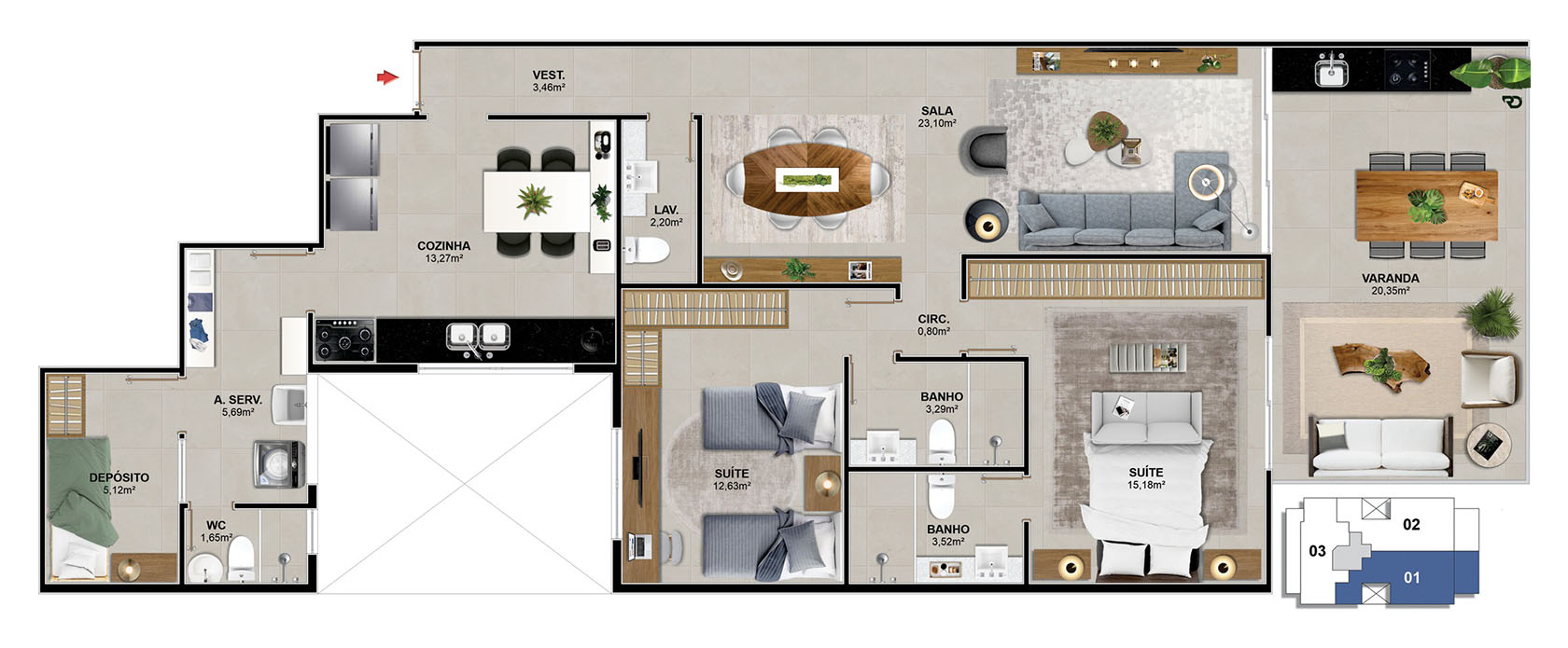 Aptos. 101 e 201 - 2 suítes - 119,94 m²