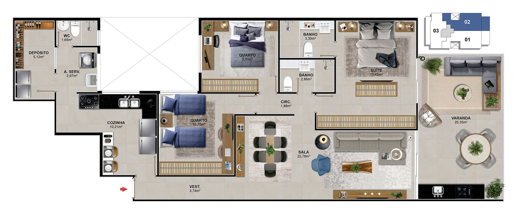 Aptos. 102 e 202 - 3 quartos - 120,10 m²