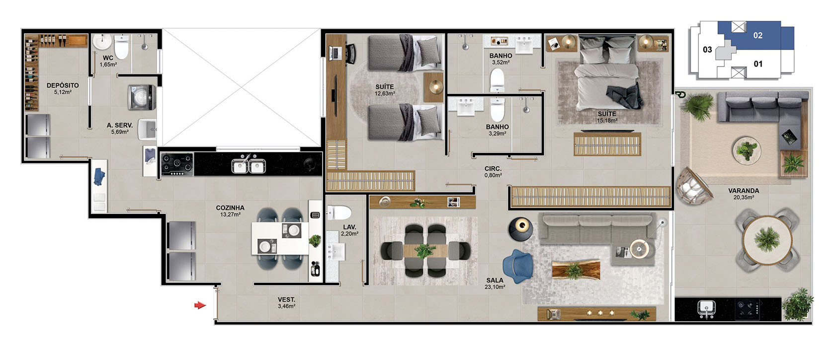 Aptos. 102 e 202 - 2 suítes - 120,10 m²